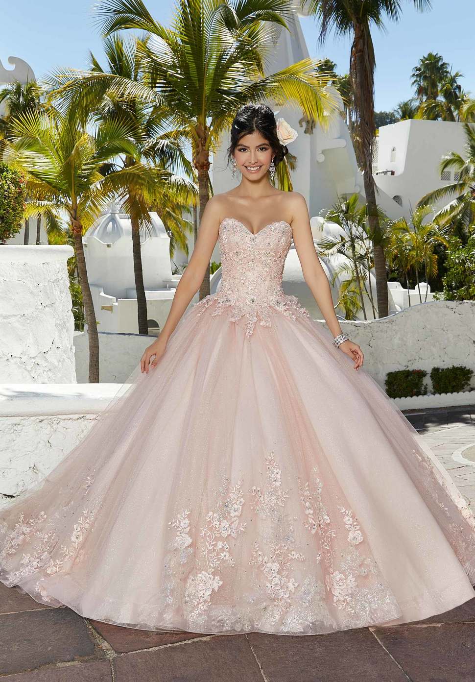 Sparkle Lace Quinceanera Dress with Tie Bow Sleeves